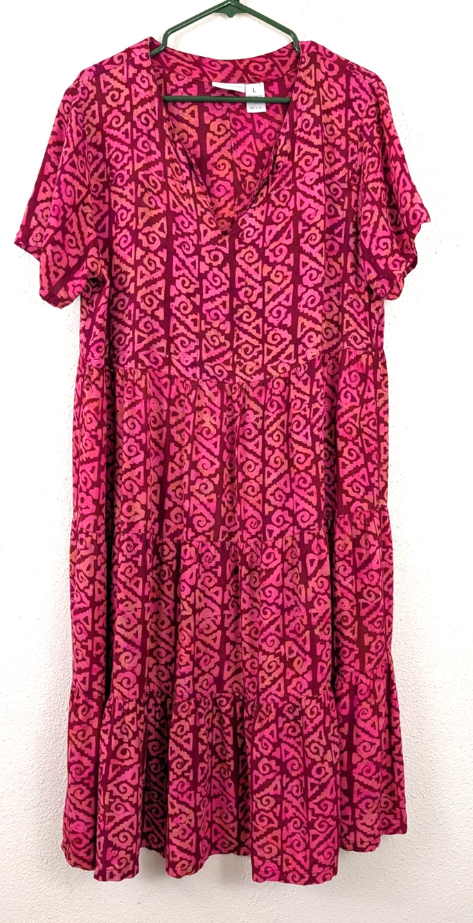 The Vermont Country Store sz L Midi Dress redish burgundy print ss 1458